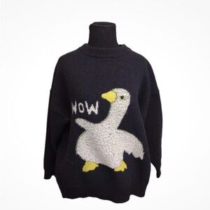 Aelfric Eden Black Sweater with WOW Goose Duck Design Print L